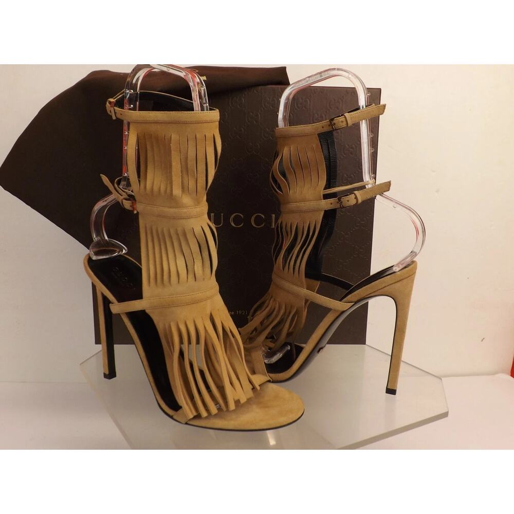 NIB GUCCI BROWN SUEDE 347284 FRINGE BECKY GLADIATOR HEEL TALL SANDALS 36.5 ITALY